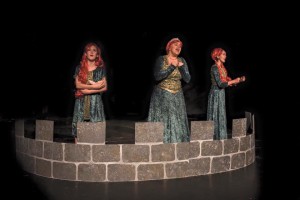 Three Princess Fiona gowns for SHREK the musical for the Wilmington Drama League showing three different looks representing three different ages, using the same fabric.