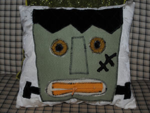 A creepy and easy to sew craft, a Halloween themed pillow with Frankenstein on it