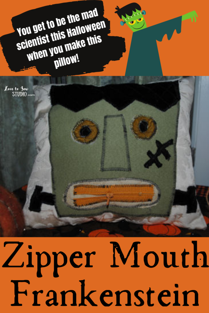 Pillow with fabric Frankenstein face and a zipper mouth