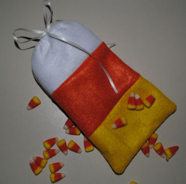 A handmade and cute easy to sew Halloween Candy Corn Bag