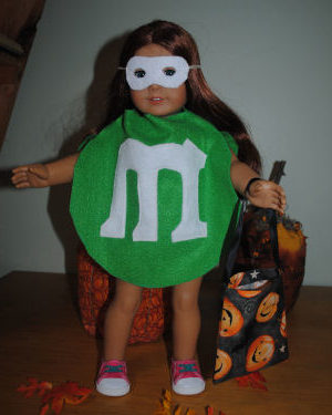 A handmade Halloween craft that is an easy to sew m & m American Girl doll costume