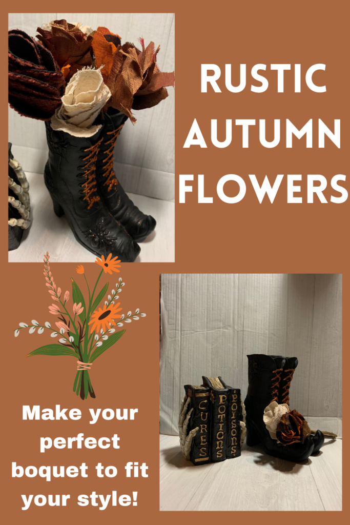 Flowers made out of different autumn fabrics and sticks