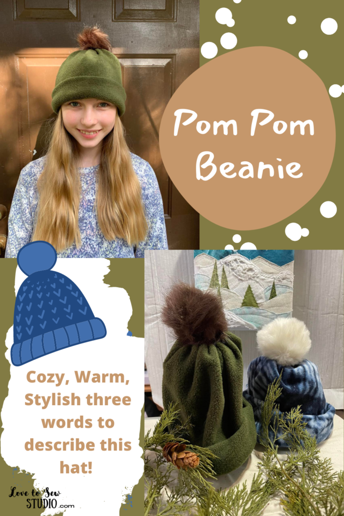 use warm fleece fabric and a pom pom to sew together and create a winter hat