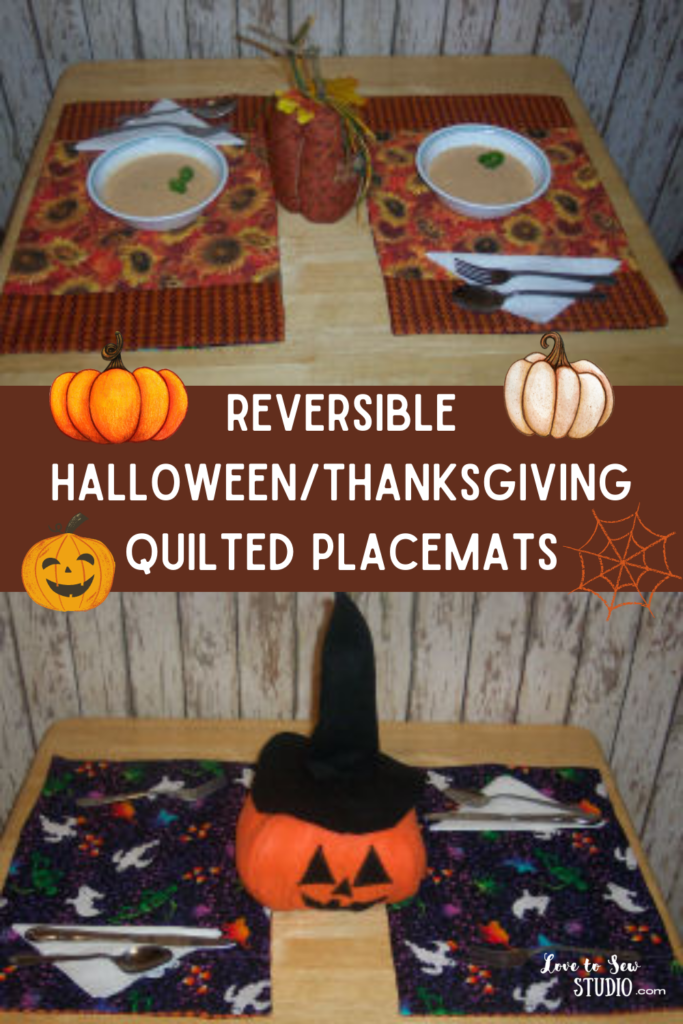 Placemat with halloween fabric on one side and thanksgiving fabric on the other