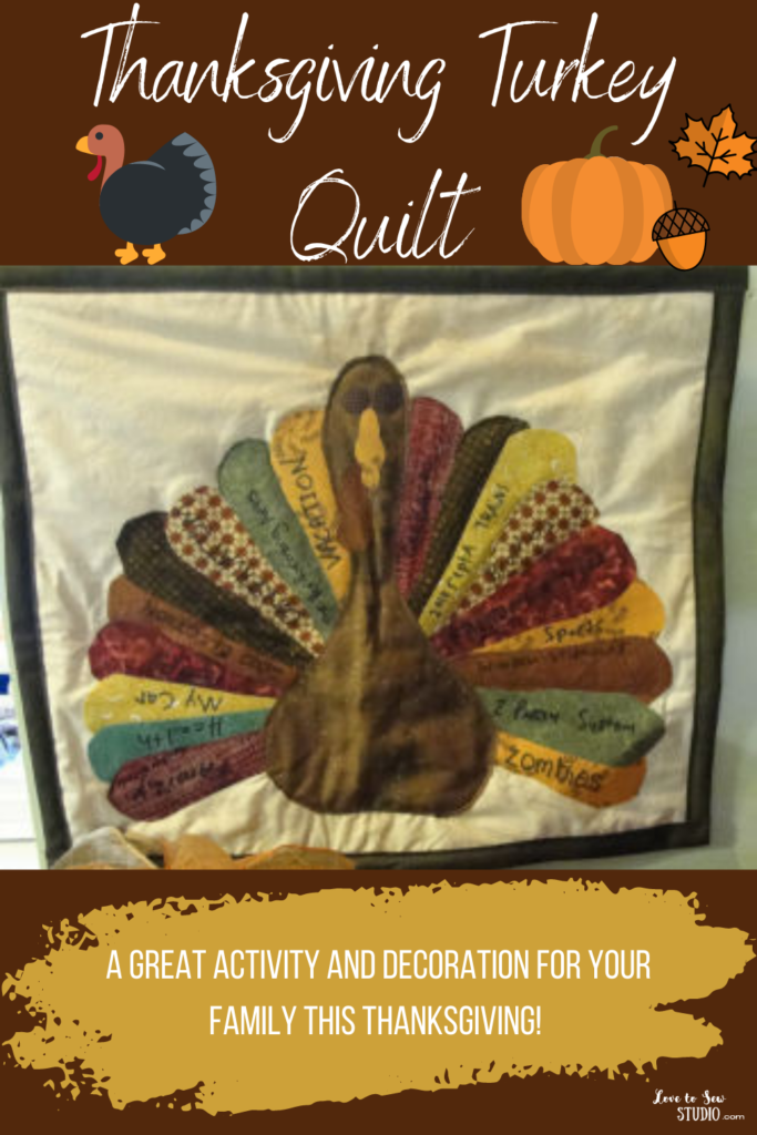 Quilt that is made to look like a turkey with grateful things listed on it.