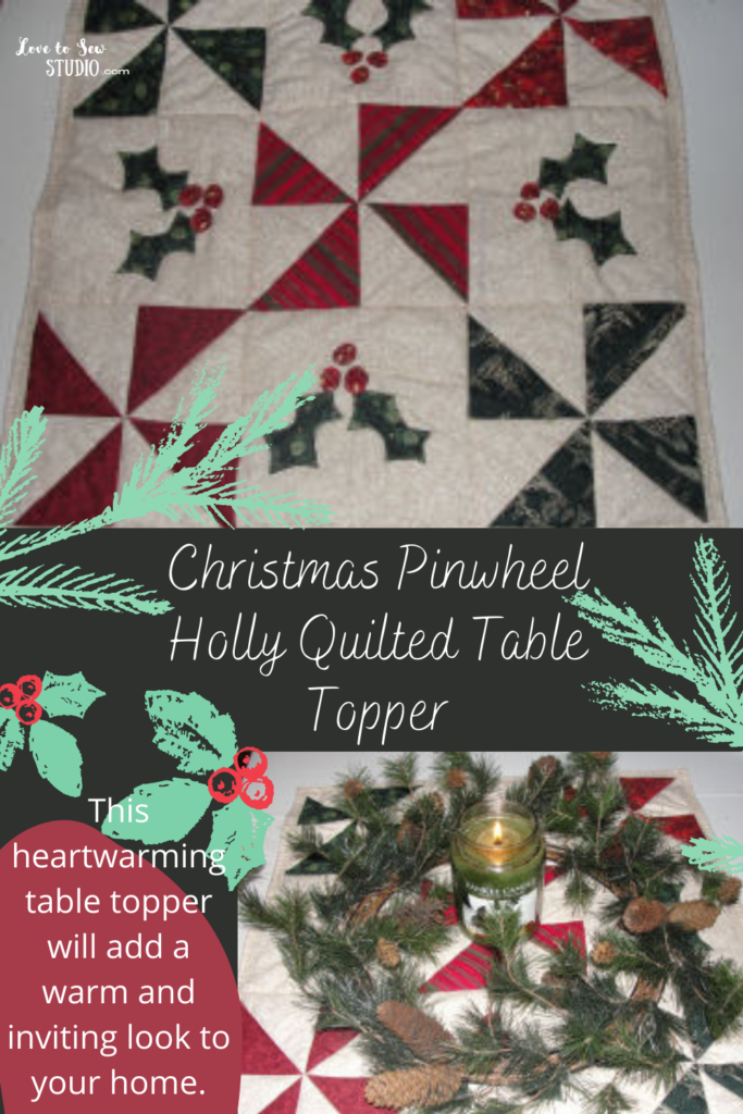 green, red, and cream fabrics all put together to create a pin wheel quilted table mat.