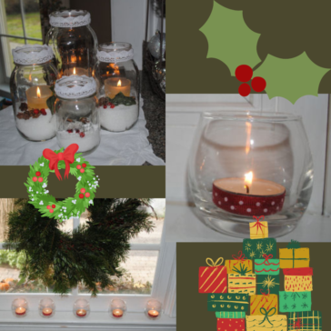Candles put in a jar and decorated with winter greenery.