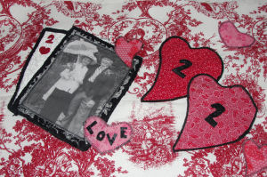 vintage photos and valentines day fabric put together to make a valentine quilt