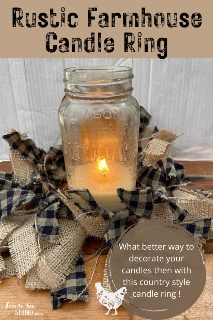 pieces of burlap and checkered fabric tied around a ring to put around a candle